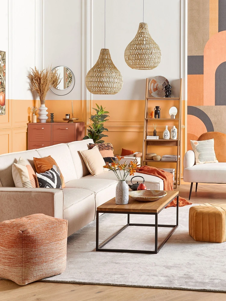 Beliani Išskleidžiama kampinė sofa ROMEDAL, smėlio spalvos
