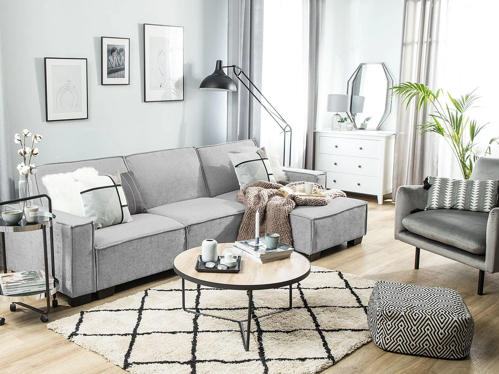 Beliani Išskleidžiama kampinė sofa ROMEDAL, 3 vietų, šviesiai pilka, kairinė