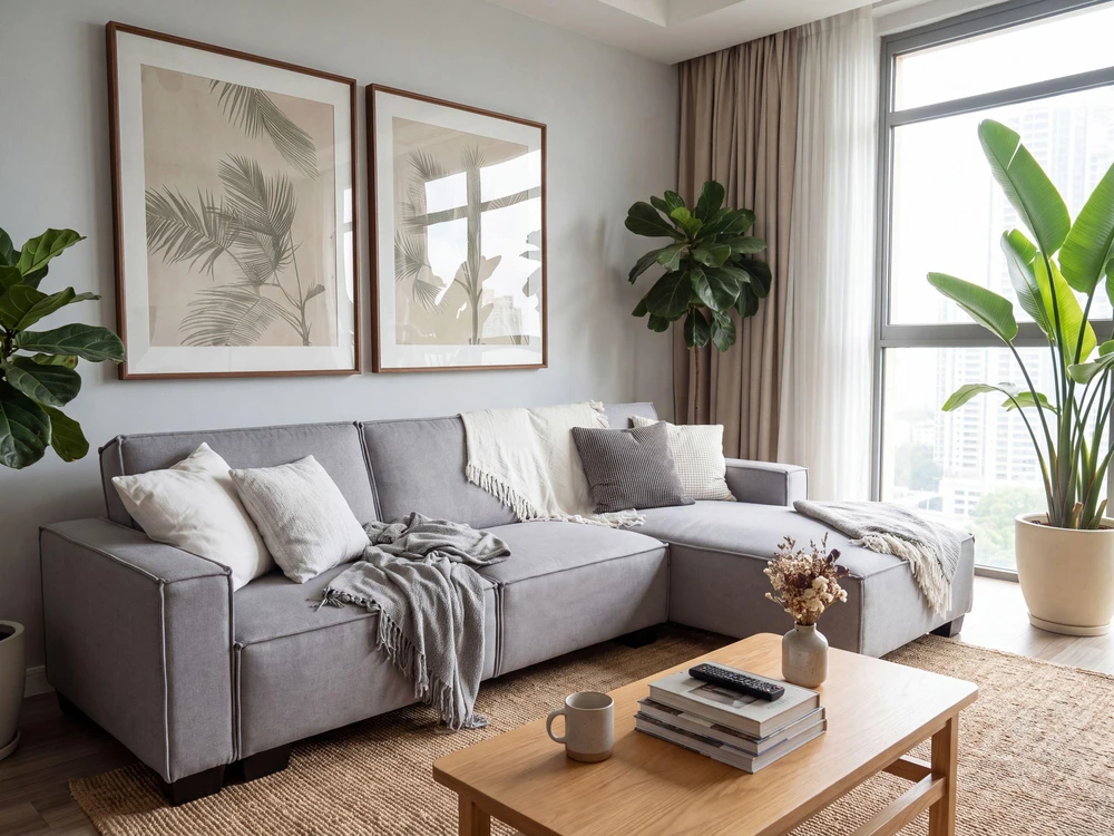 Beliani Išskleidžiama kampinė sofa ROMEDAL, 3 vietų, šviesiai pilka, kairinė