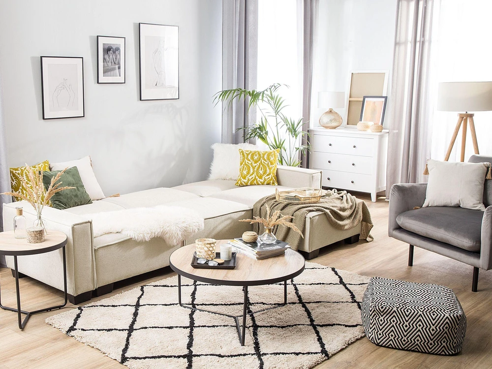 Beliani Išskleidžiama kampinė sofa ROMEDAL, smėlio spalvos