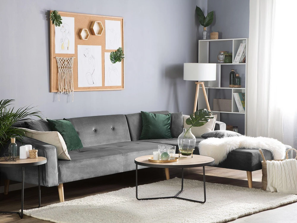 Beliani Išskleidžiama kampinė sofa VADSO, skirta 4 asmenims, veliūrinė, pilka, kairinė