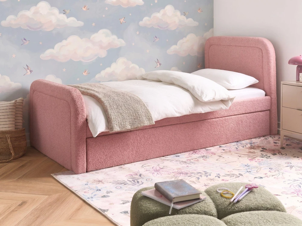 Beliani Išskleidžiama lova Boucle RAYSSAC 90 x 200 cm Rožinė
