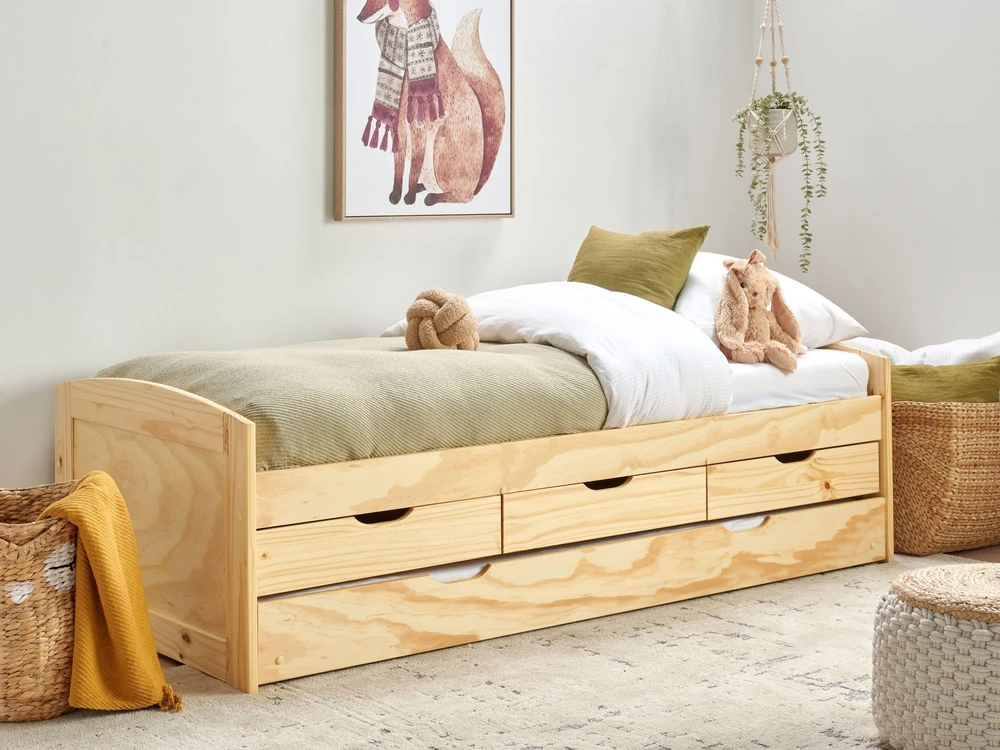 Beliani Išskleidžiama lova iš pušies medienos PETIVILLE 90 x 200 cm šviesiai ruda
