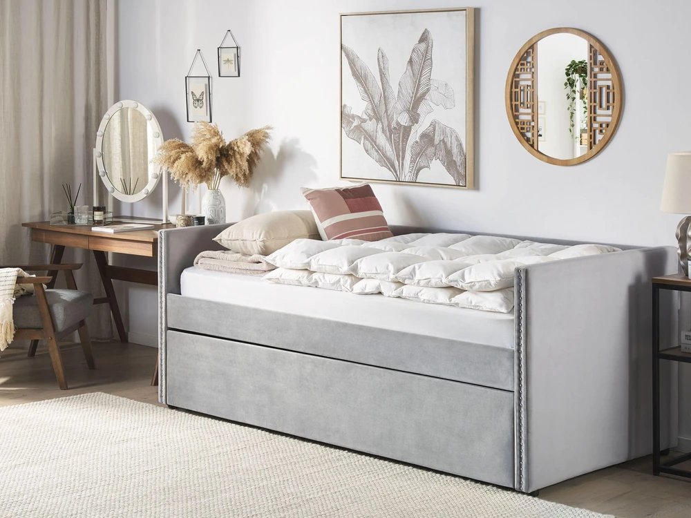 Beliani Išskleidžiama lova veliūrinė TROYES 90 x 200 cm šviesiai pilka