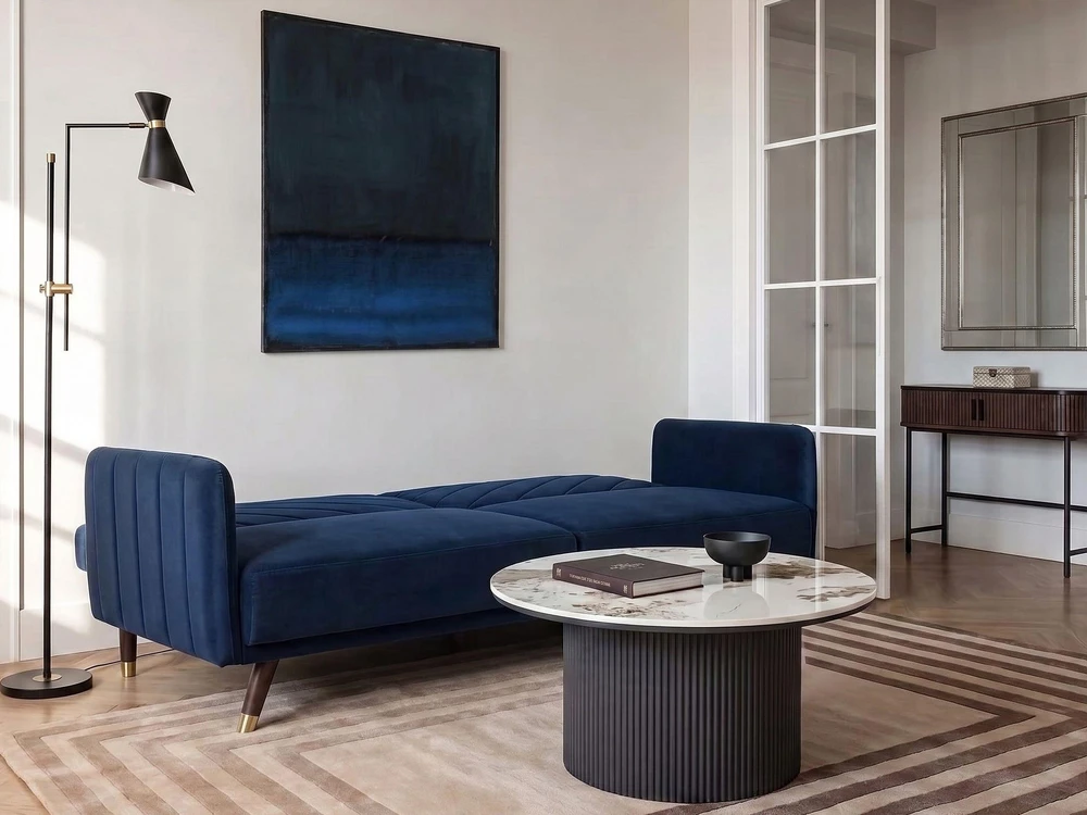 Beliani Išskleidžiama sofa 3 vietų SENJA, veliūras, tamsiai mėlyna