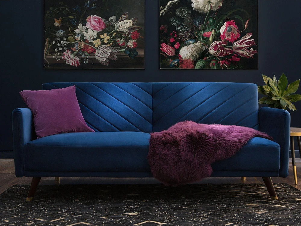 Beliani Išskleidžiama sofa 3 vietų SENJA, veliūras, tamsiai mėlyna