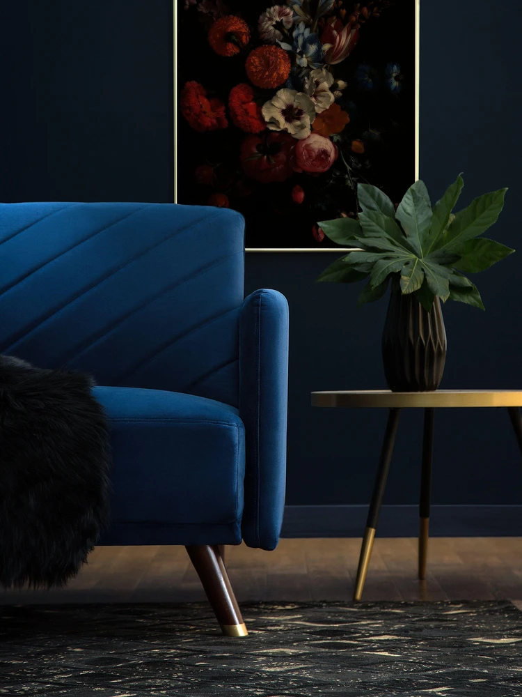 Beliani Išskleidžiama sofa 3 vietų SENJA, veliūras, tamsiai mėlyna