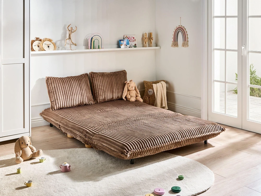 Beliani Išskleidžiama sofa dviem ABISKO, šviesiai ruda, briaunotas velveto audinys