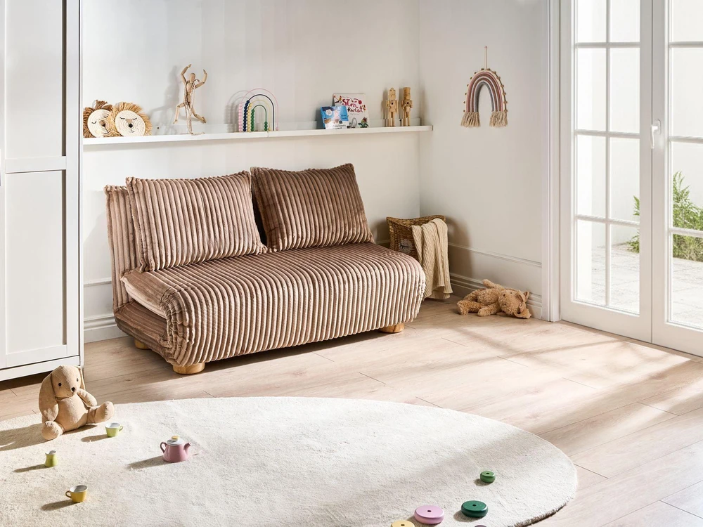 Beliani Išskleidžiama sofa dviem ABISKO, šviesiai ruda, briaunotas velveto audinys