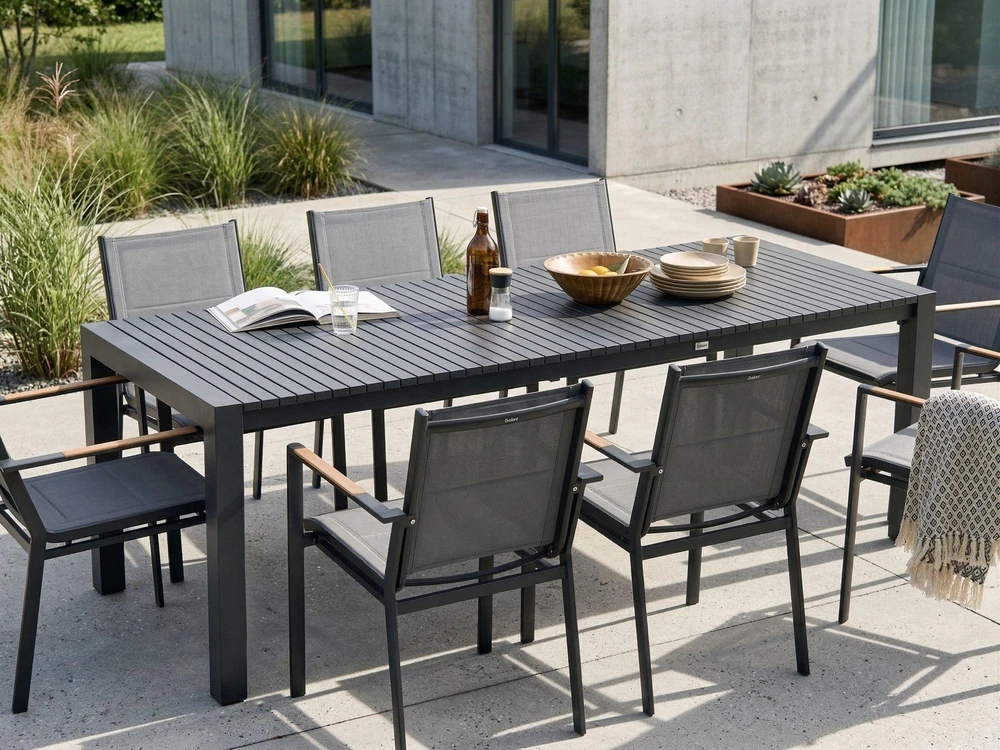 Beliani Išskleidžiamas sodo stalas ARDESIO 160/220 cm 90 cm metalinis tamsiai pilkas