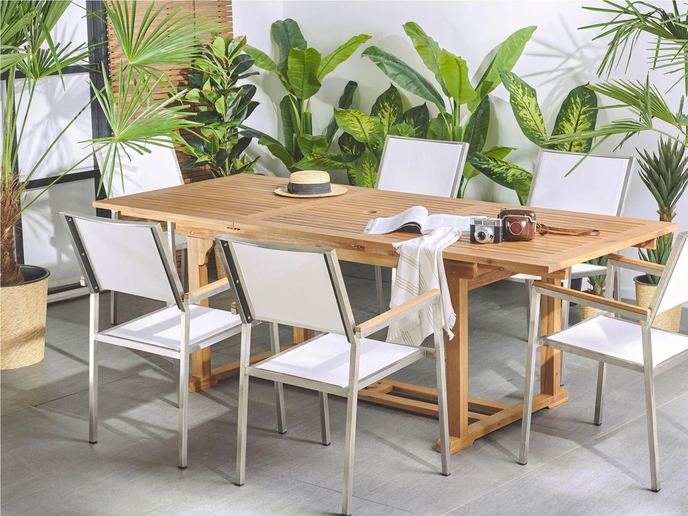 Beliani Išskleidžiamas sodo stalas JAVA 160/220 cm 90 cm akacijos mediena šviesiai rudas