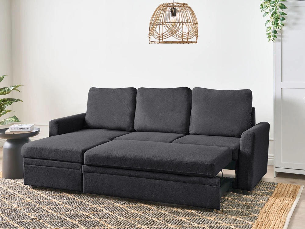 Beliani Išskleidžiamas trijų vietų kampinė sofa NASSJO, sintetinis linas, juoda, dešininė