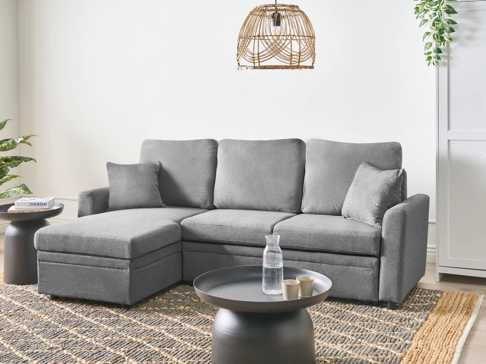 Beliani Išskleidžiamas trijų vietų kampinė sofa NASSJO, sintetinis linas, pilka, dešininė