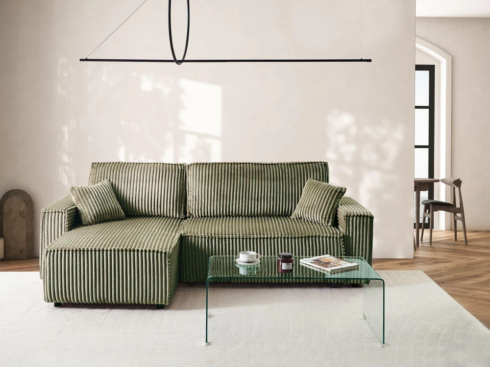Beliani Išskleidžiamas trijų vietų kampinė sofa ABACKA, velvetinis, žalias, su daiktadėže, dešininė