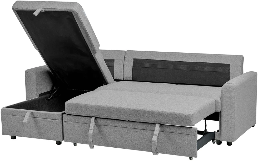 Beliani Išskleidžiamas trijų vietų kampinė sofa NASSJO, sintetinis linas, pilka, dešininė