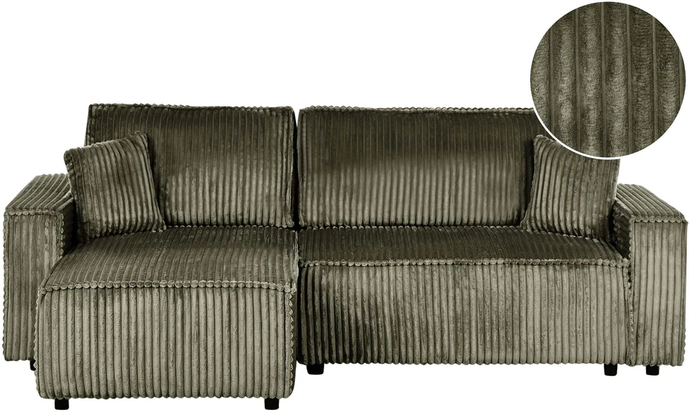 Beliani Išskleidžiamas trijų vietų kampinė sofa ABACKA, velvetinis, žalias, su daiktadėže, dešininė