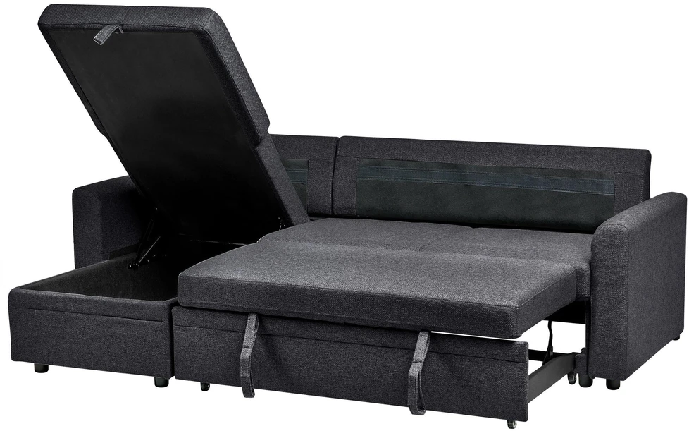 Beliani Išskleidžiamas trijų vietų kampinė sofa NASSJO, sintetinis linas, juoda, dešininė