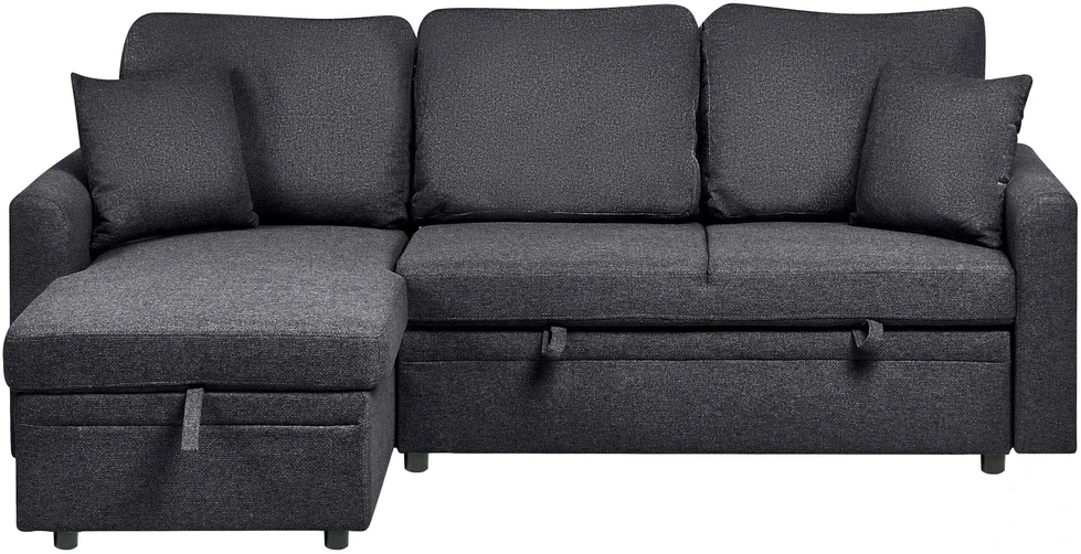 Beliani Išskleidžiamas trijų vietų kampinė sofa NASSJO, sintetinis linas, juoda, dešininė