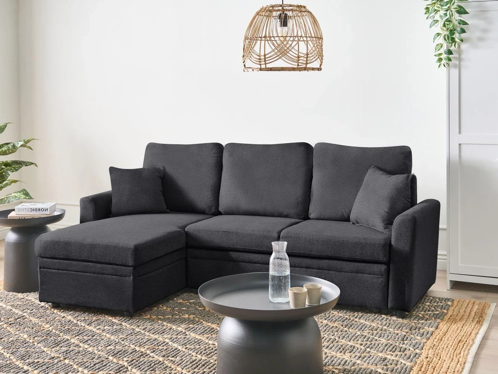 Beliani Išskleidžiamas trijų vietų kampinė sofa NASSJO, sintetinis linas, juoda, dešininė