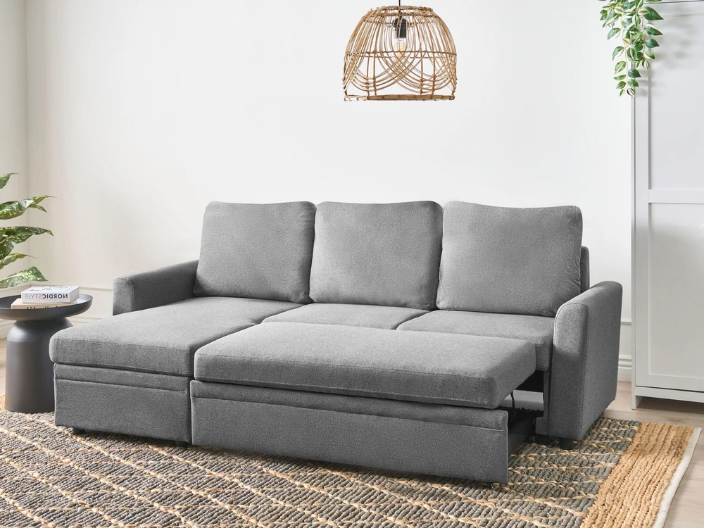 Beliani Išskleidžiamas trijų vietų kampinė sofa NASSJO, sintetinis linas, pilka, dešininė