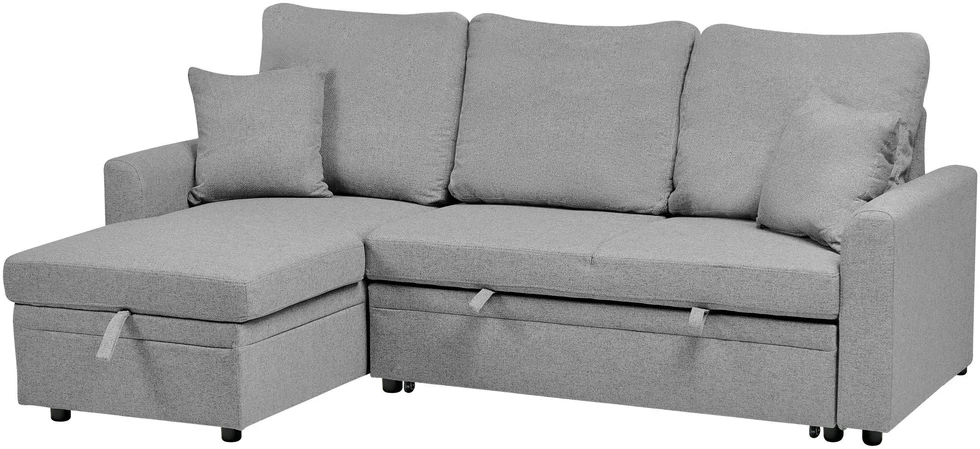 Beliani Išskleidžiamas trijų vietų kampinė sofa NASSJO, sintetinis linas, pilka, dešininė