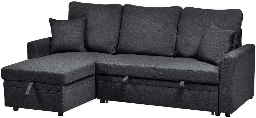 Beliani Išskleidžiamas trijų vietų kampinė sofa NASSJO, sintetinis linas, juoda, dešininė