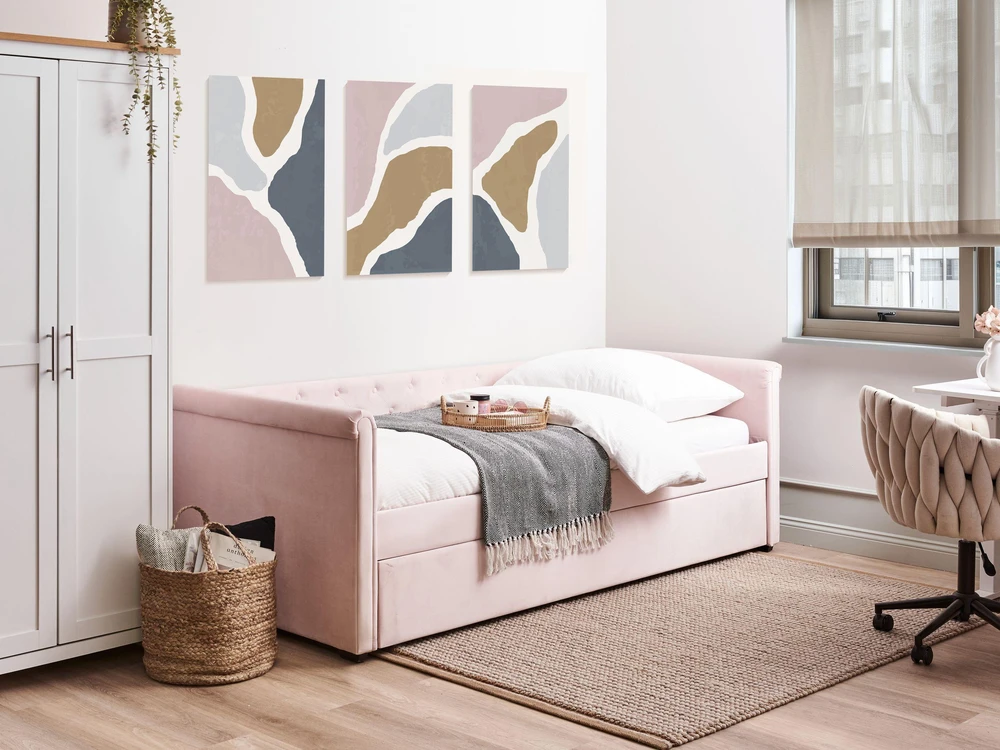 Beliani Ištraukiama lova aksominė LIBOURNE 90 x 200 cm pastelinės rausvos spalvos