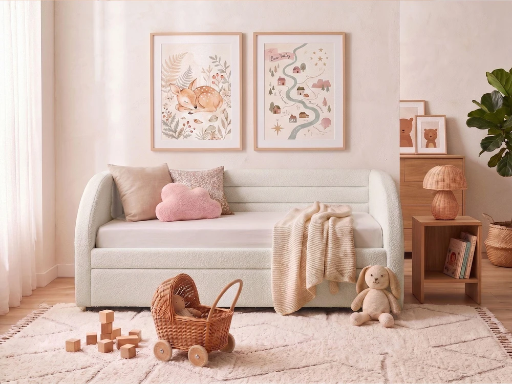 Beliani Ištraukiama lova Boucle ALBIAC 90 x 200 cm balta