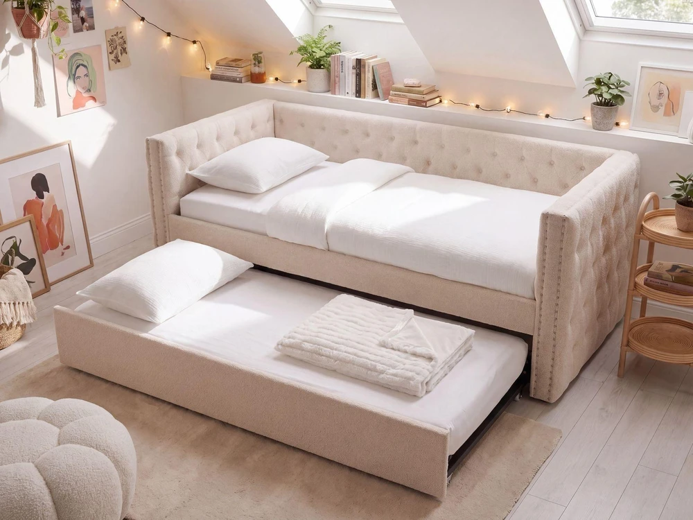 Beliani Ištraukiama lova GASSIN 90 x 200 cm, šviesiai smėlio spalvos boucle audinys