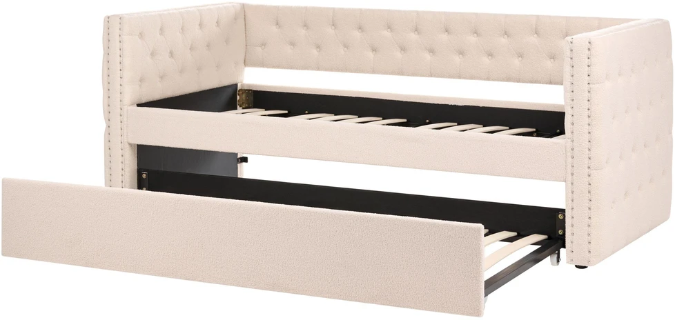 Beliani Ištraukiama lova GASSIN 90 x 200 cm, šviesiai smėlio spalvos boucle audinys