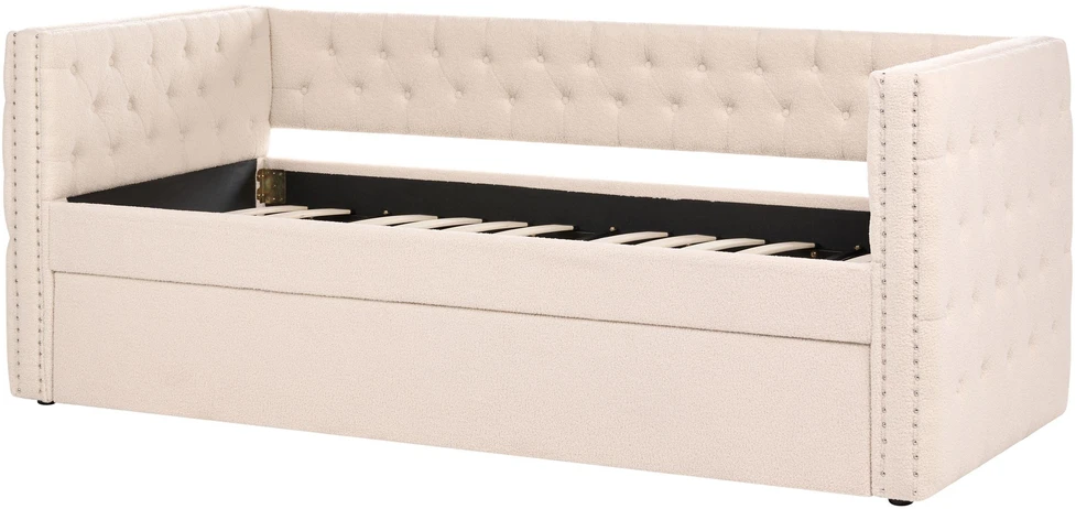 Beliani Ištraukiama lova GASSIN 90 x 200 cm, šviesiai smėlio spalvos boucle audinys