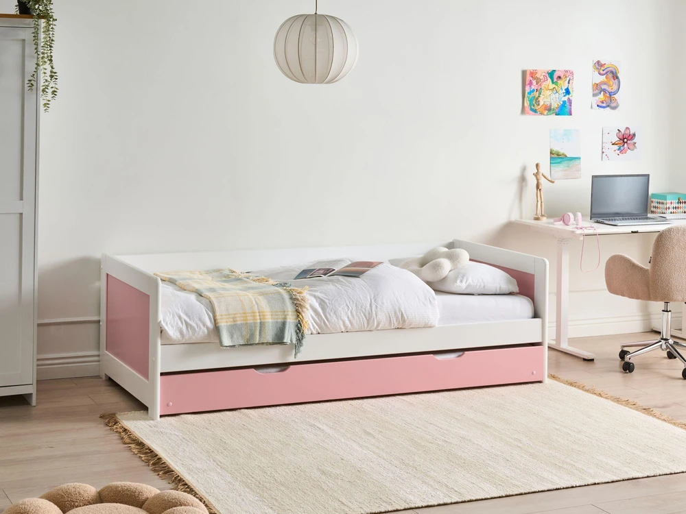 Beliani Ištraukiama lova iš pušies medienos GRAVELINES 90 x 200 cm, rožinė