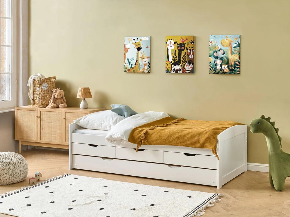 Beliani Ištraukiama lova PETIVILLE 90 x 200 cm, pušies mediena, balta