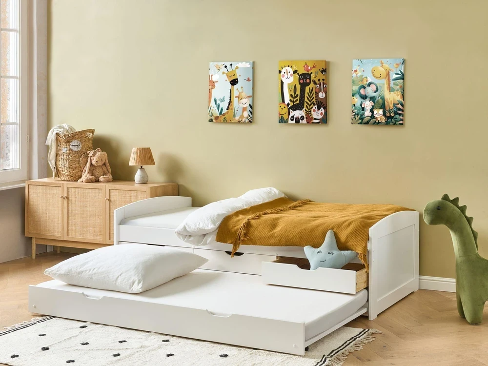 Beliani Ištraukiama lova PETIVILLE 90 x 200 cm, pušies mediena, balta