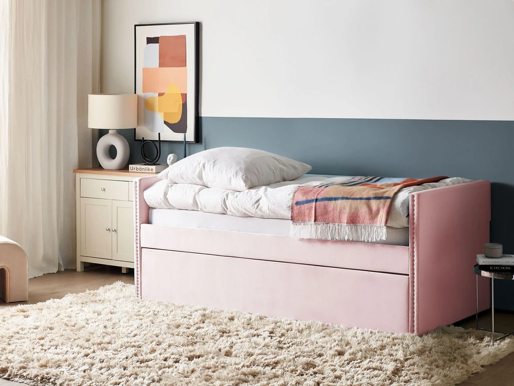 Beliani Ištraukiama lova TROYES 90 x 200 cm, veliūrinė, pastelinė rožinė