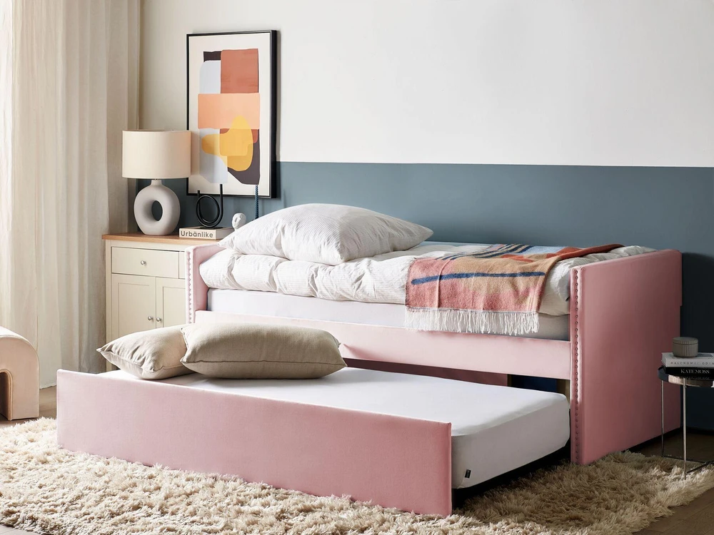 Beliani Ištraukiama lova TROYES 90 x 200 cm, veliūrinė, pastelinė rožinė