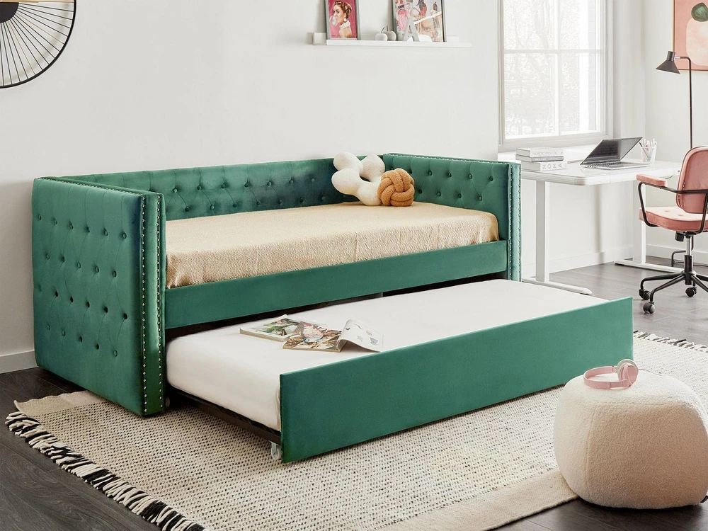 Beliani Ištraukiama veliūrinė lova GASSIN 90 x 200 cm, smaragdo spalvos