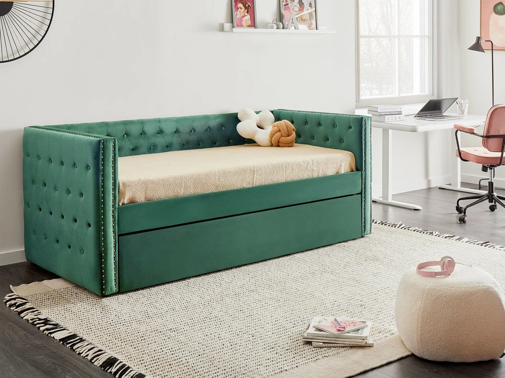 Beliani Ištraukiama veliūrinė lova GASSIN 90 x 200 cm, smaragdo spalvos