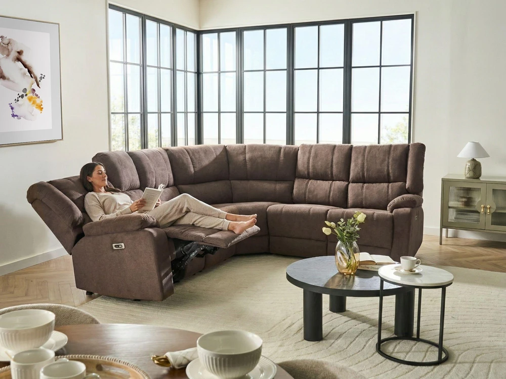 Beliani Kairės pusės kampinė sofa 5 asmenims su elektrine relaksacijos funkcija ROKKE, USB prievadu, ruda