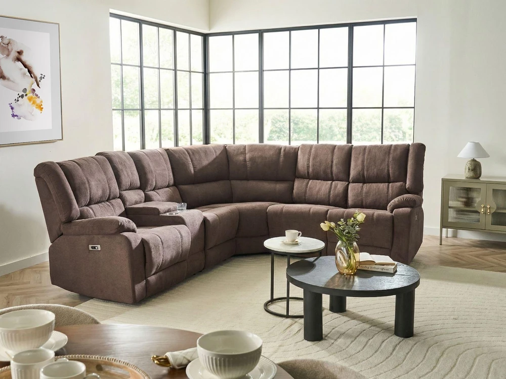 Beliani Kairės pusės kampinė sofa 5 asmenims su elektrine relaksacijos funkcija ROKKE, USB prievadu, ruda