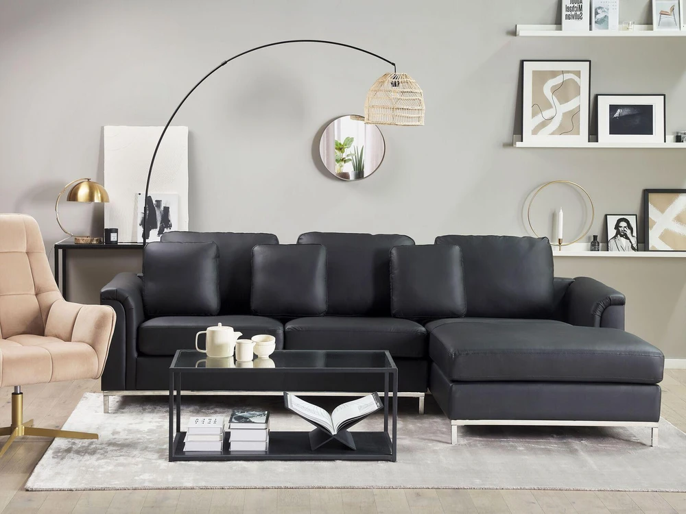 Beliani Kampinė sofa 4 asmenims OSLO, Natūrali oda, Juoda, Kairinė