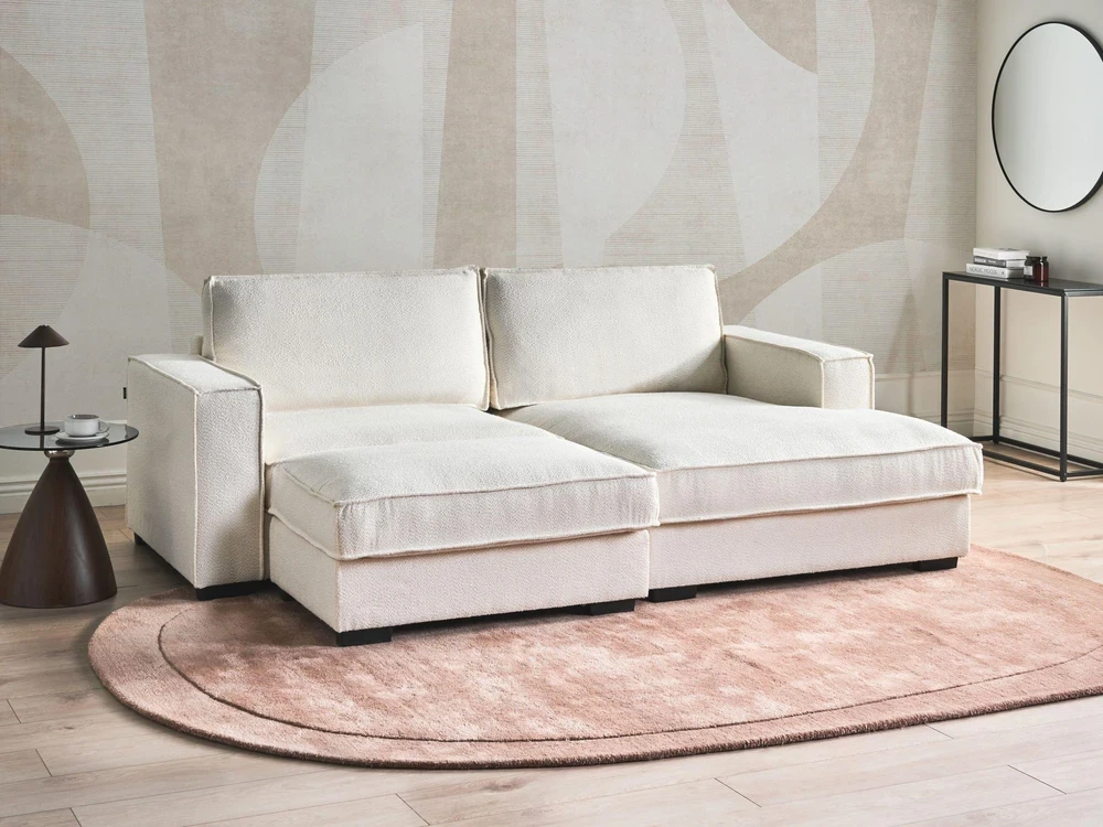 Beliani Kampinė sofa KOLDING, boucle audinys, šviesiai smėlio spalvos, su otomane, kairinė