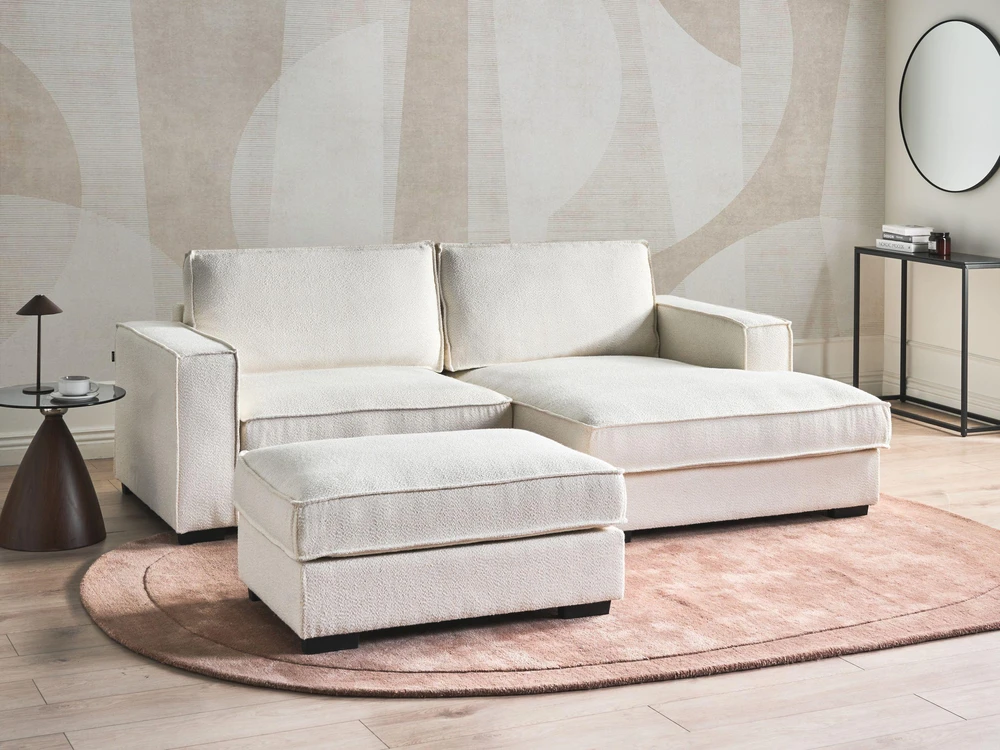 Beliani Kampinė sofa KOLDING, boucle audinys, šviesiai smėlio spalvos, su otomane, kairinė