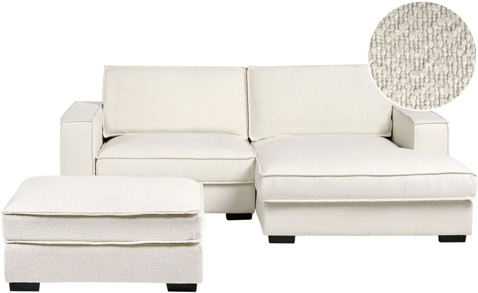 Beliani Kampinė sofa KOLDING, boucle audinys, šviesiai smėlio spalvos, su otomane, kairinė