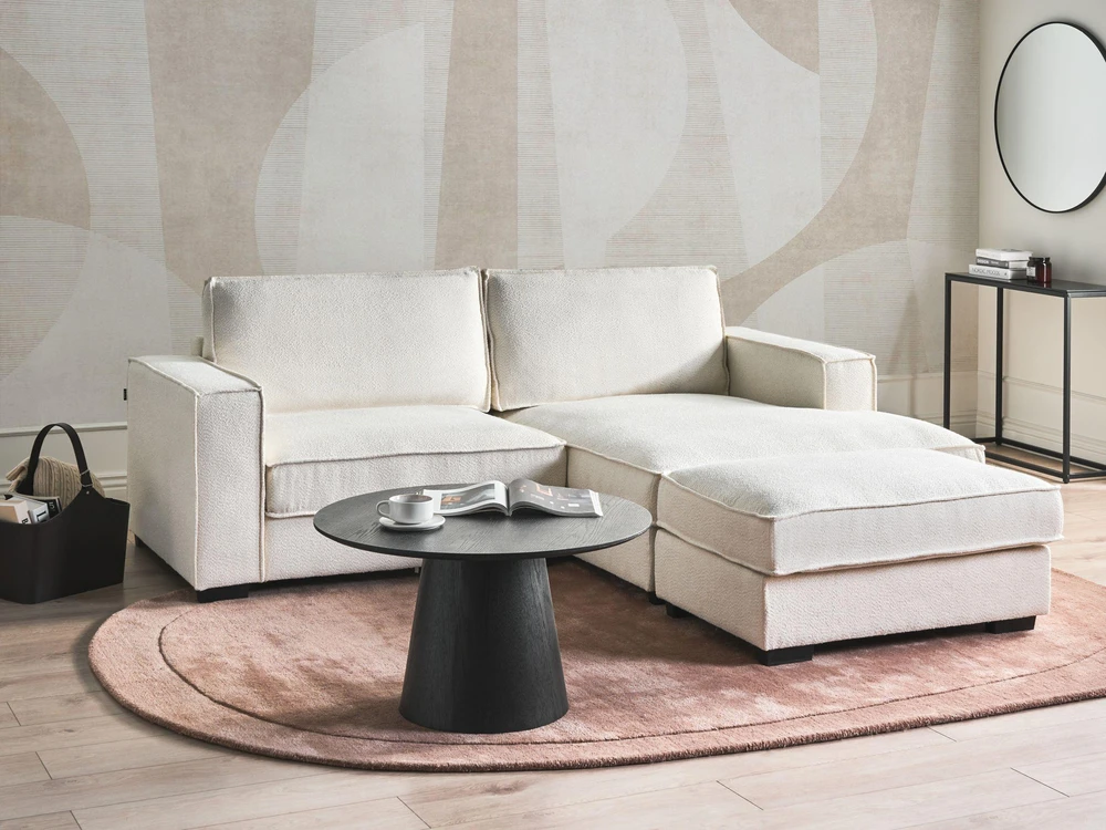 Beliani Kampinė sofa KOLDING, boucle audinys, šviesiai smėlio spalvos, su otomane, kairinė