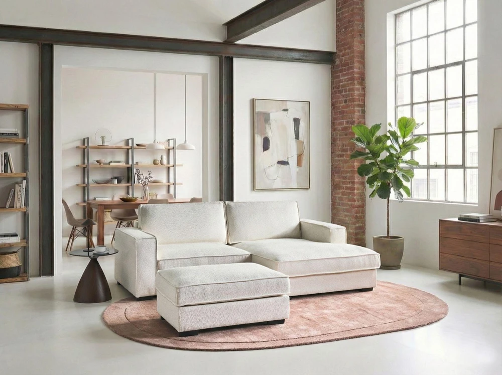 Beliani Kampinė sofa KOLDING, boucle audinys, šviesiai smėlio spalvos, su otomane, kairinė