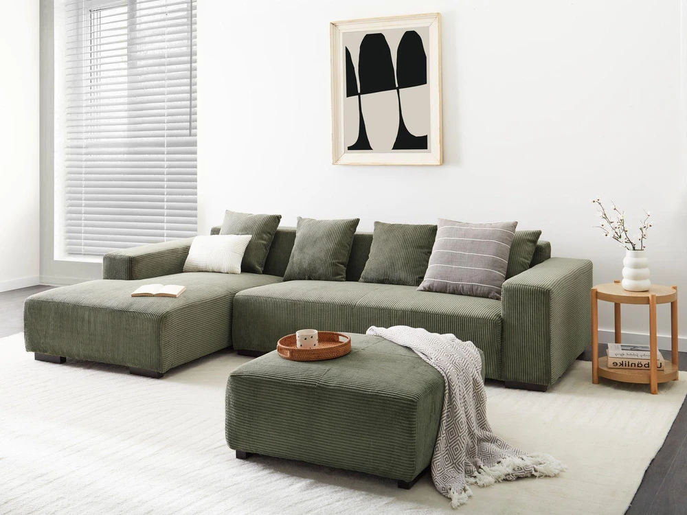 Beliani Kampinė sofa LUNGO 4 asmenims, aksominis audinys, žalia, su otomanu, dešininė