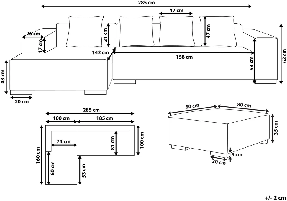 Beliani Kampinė sofa LUNGO 4 asmenims, aksominis audinys, žalia, su otomanu, dešininė