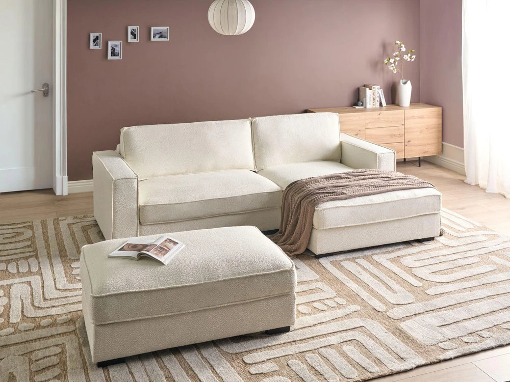 Beliani Kampinė sofa RENDERS, boucle audinys, kreminė spalva, su otomane, kairinė
