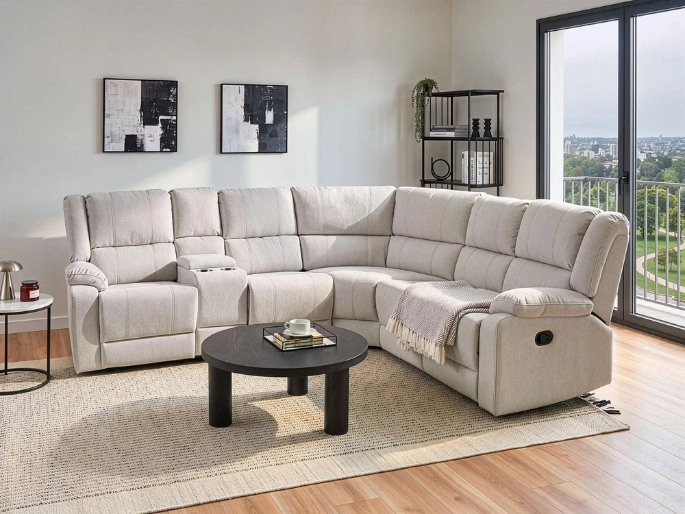 Beliani Kampinė sofa ROKKE su rankine relaksacijos funkcija, 5 vietos, šviesi smėlio spalva, kairinė